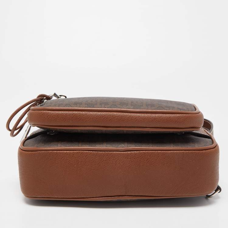 Pre Owned Bally Two Tone Brown Monogram Canvas and Leather Zip Crossbody Bag