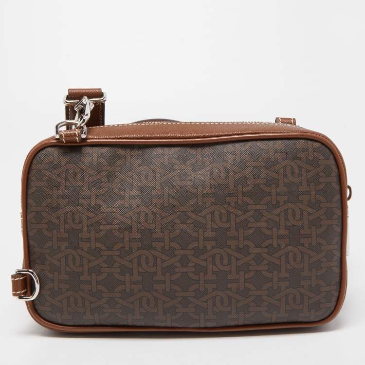 Pre Owned Bally Two Tone Brown Monogram Canvas and Leather Zip Crossbody Bag