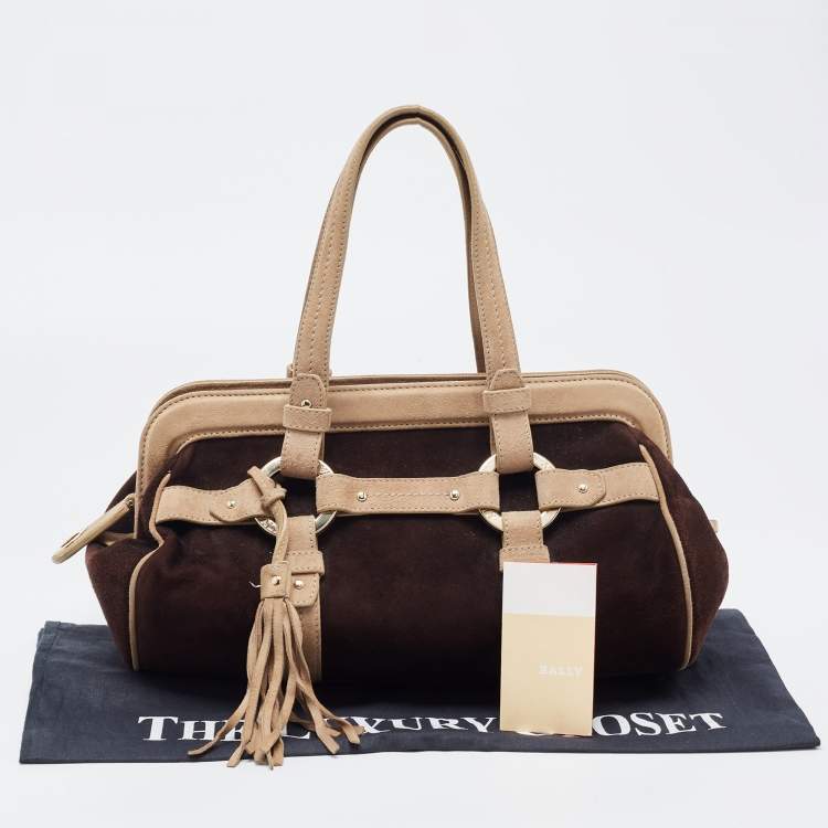 Pre Owned Bally Brown/Beige Suede Tassel Frame Satchel