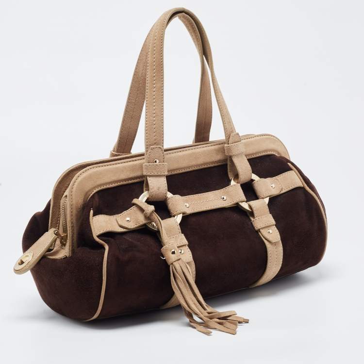Pre Owned Bally Brown/Beige Suede Tassel Frame Satchel