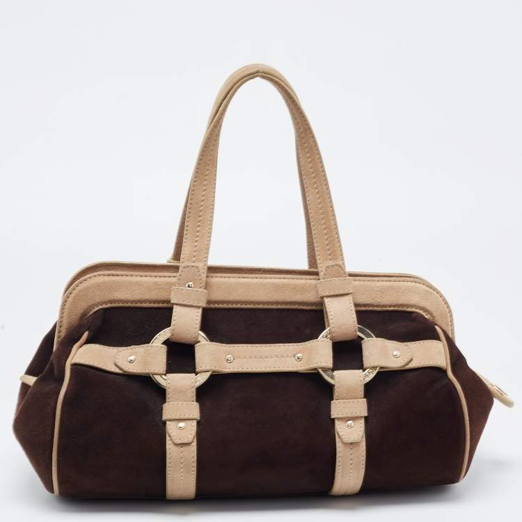 Pre Owned Bally Brown/Beige Suede Tassel Frame Satchel