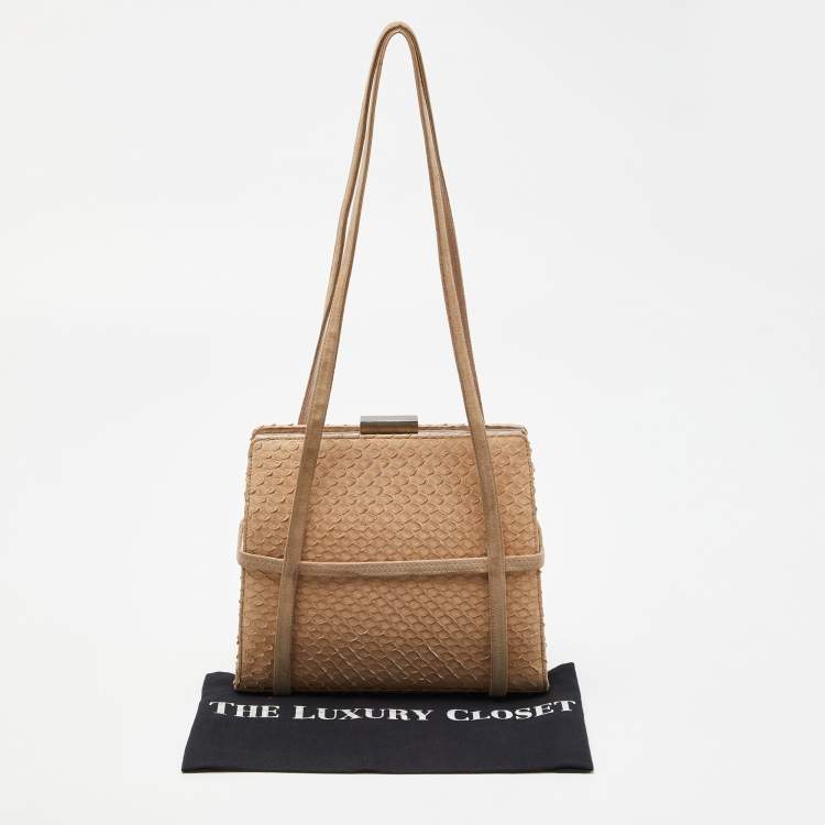 Pre Owned Bally Beige Watersnake Leather and Suede Metal Frame Shoulder Bag