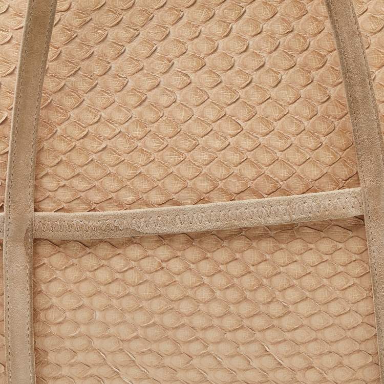 Pre Owned Bally Beige Watersnake Leather and Suede Metal Frame Shoulder Bag