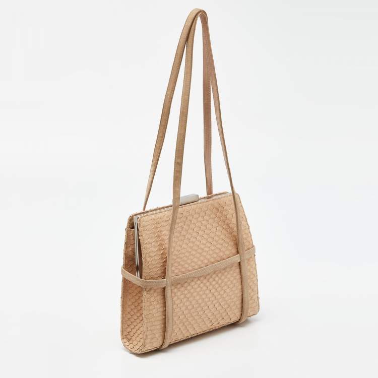 Pre Owned Bally Beige Watersnake Leather and Suede Metal Frame Shoulder Bag