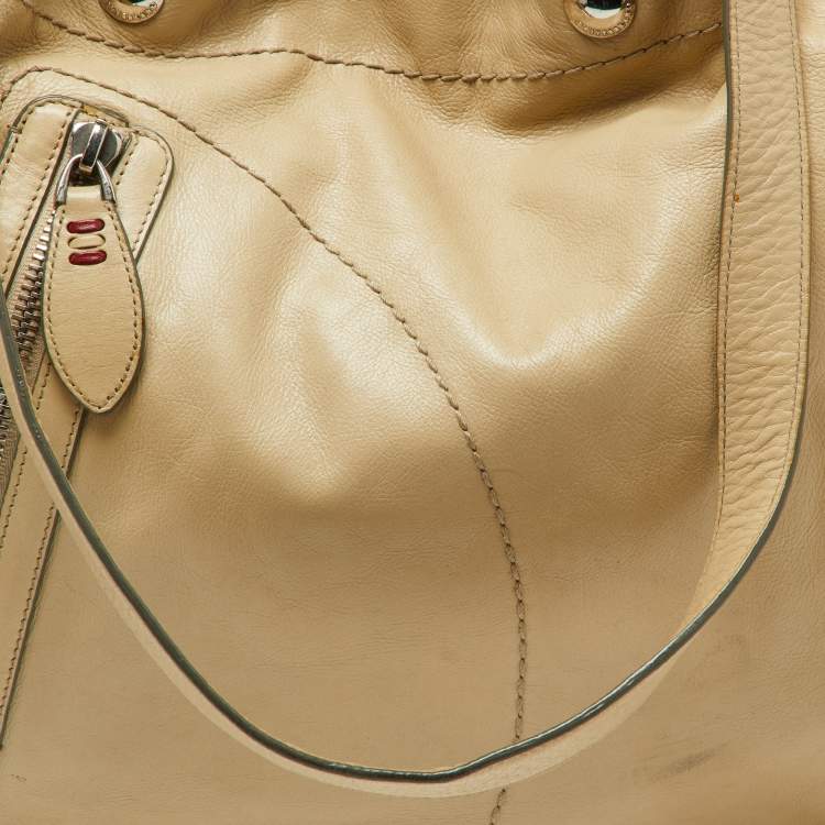 Pre Owned Bally Cream Leather Front Zip Pocket Hobo
