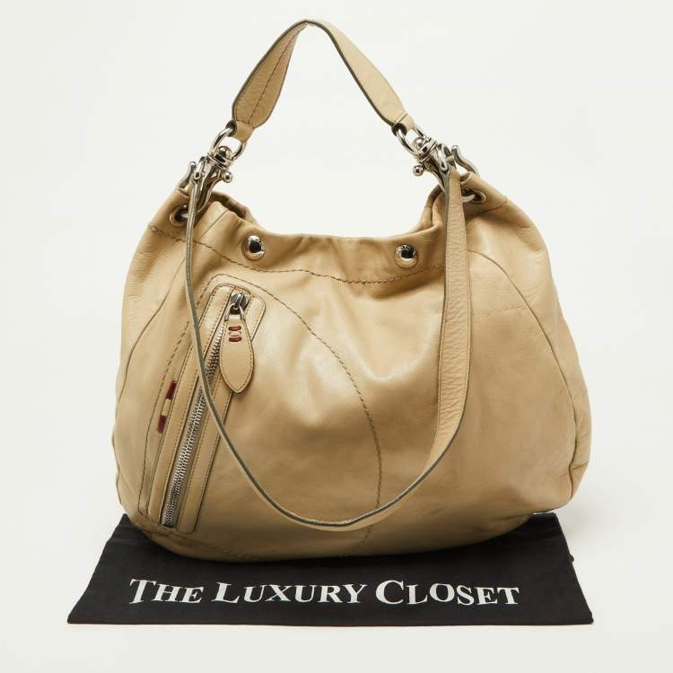 Pre Owned Bally Cream Leather Front Zip Pocket Hobo