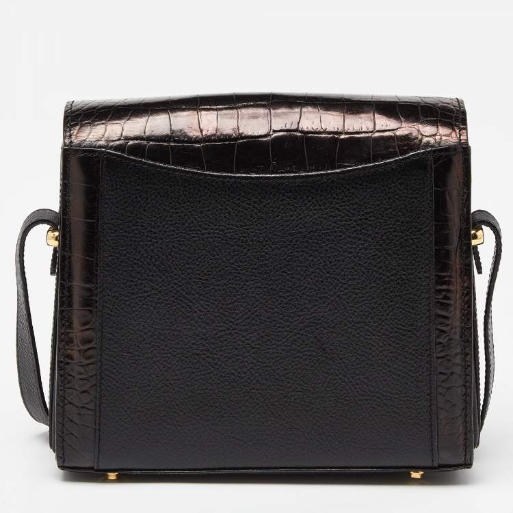 Pre Owned Bally Black Leather and Croc Embossed Leather Vintage Flap Crossbody Bag