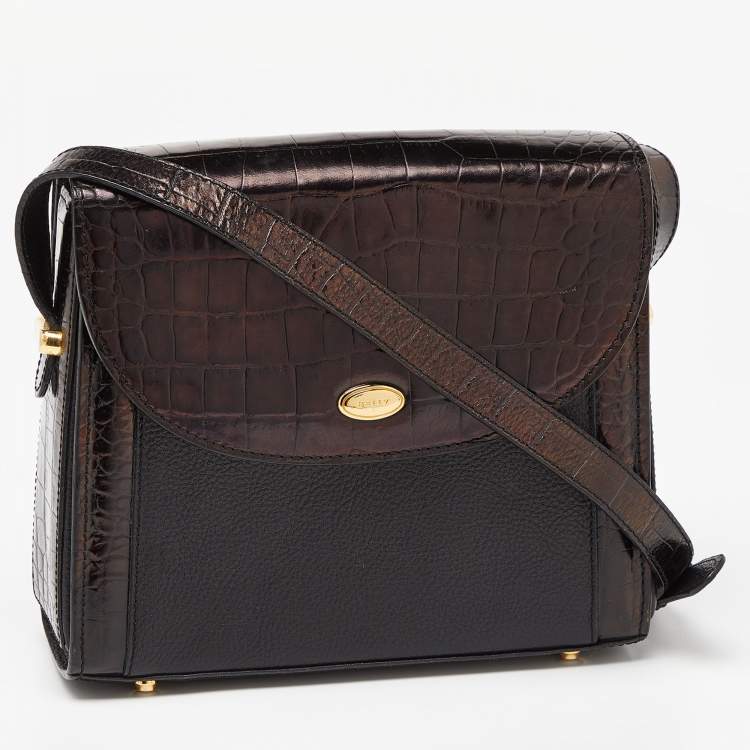 Pre Owned Bally Black Leather and Croc Embossed Leather Vintage Flap Crossbody Bag