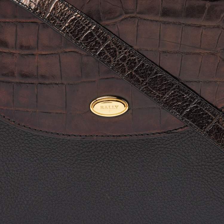 Pre Owned Bally Black Leather and Croc Embossed Leather Vintage Flap Crossbody Bag