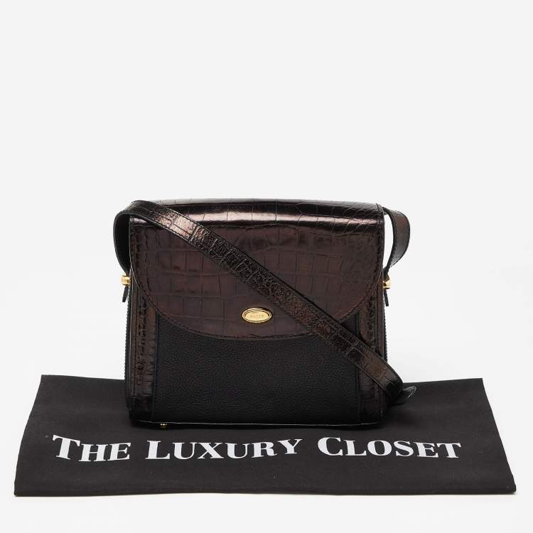 Pre Owned Bally Black Leather and Croc Embossed Leather Vintage Flap Crossbody Bag