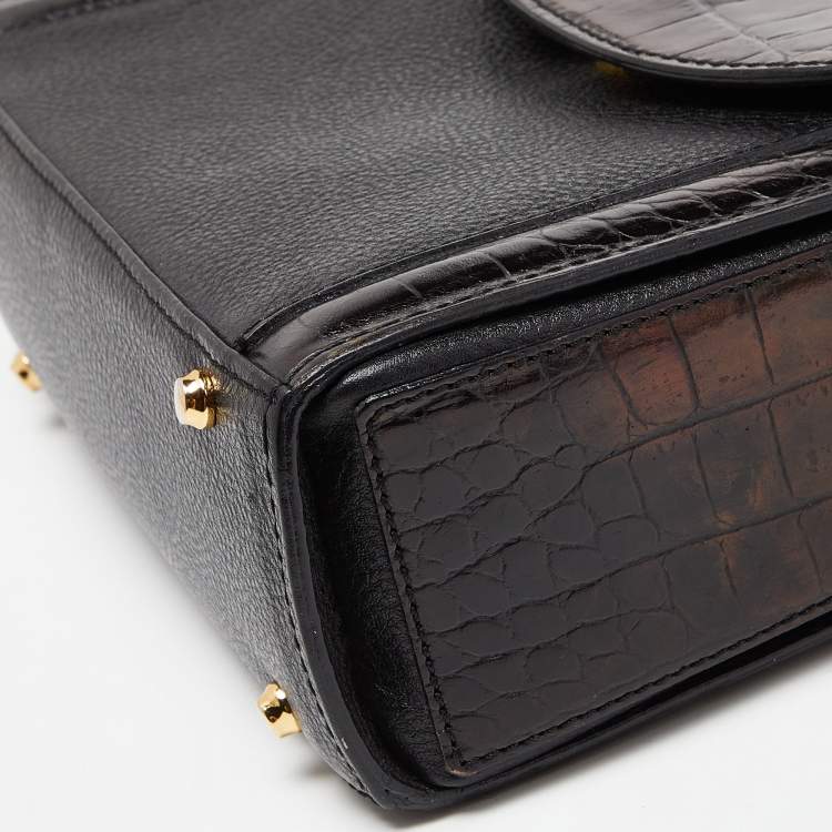 Pre Owned Bally Black Leather and Croc Embossed Leather Vintage Flap Crossbody Bag