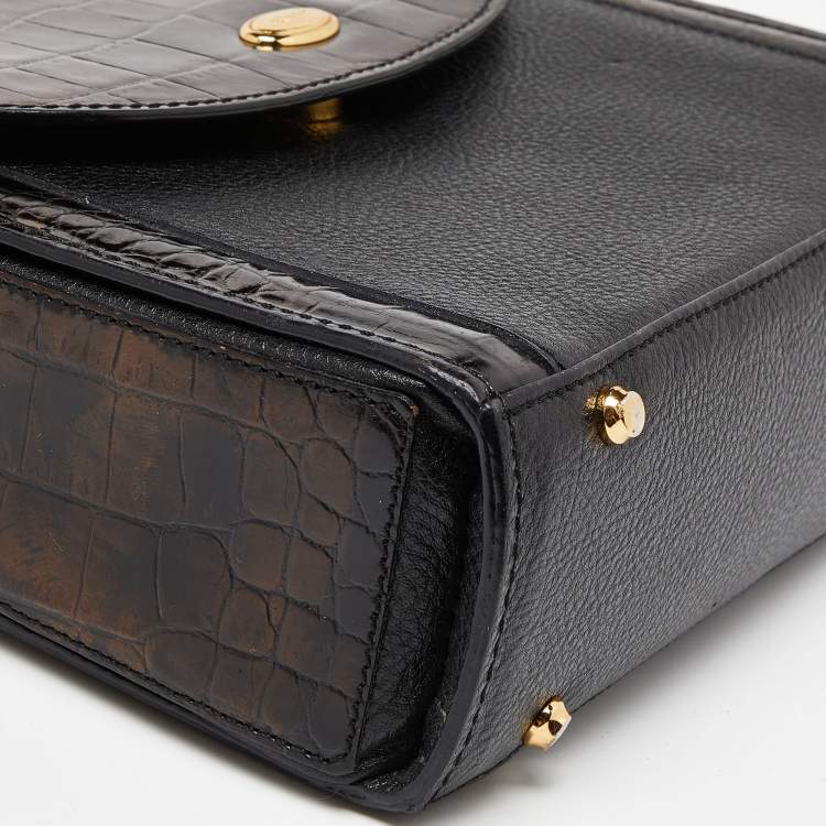 Pre Owned Bally Black Leather and Croc Embossed Leather Vintage Flap Crossbody Bag