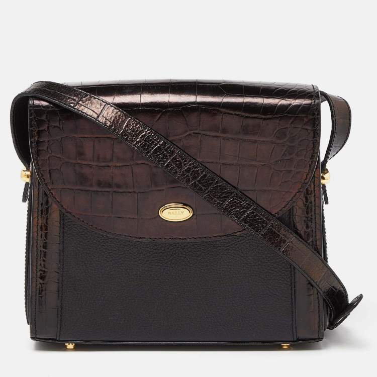 Pre Owned Bally Black Leather and Croc Embossed Leather Vintage Flap Crossbody Bag