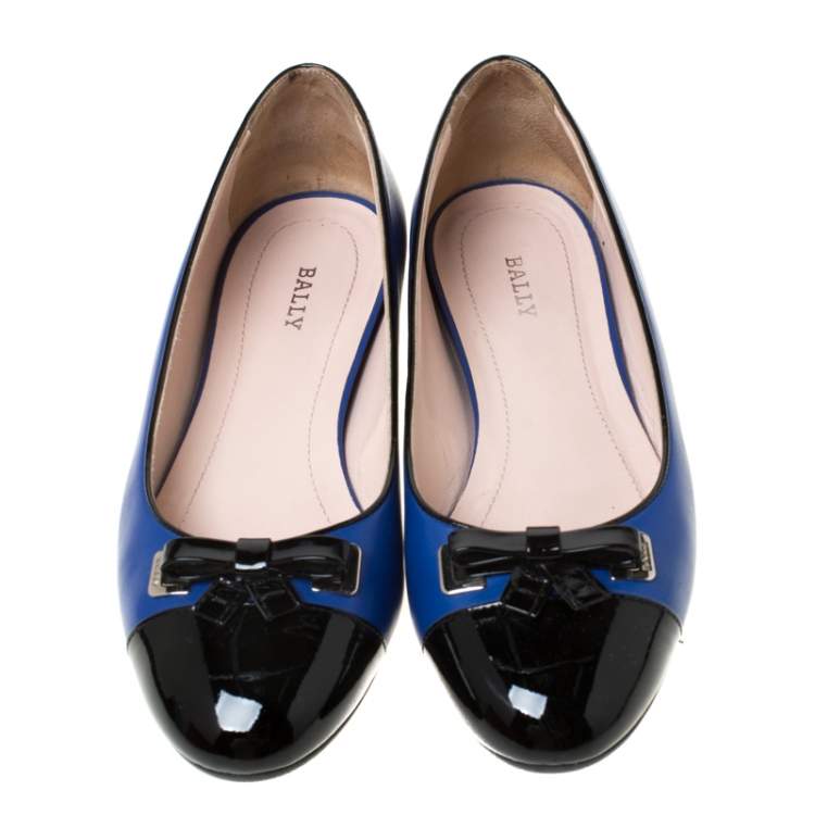Pre Owned Bally Blue/Black Leather Bow Ballet Flats Size 37.5