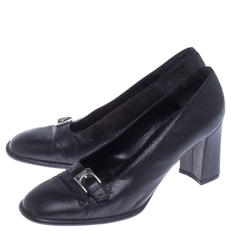 Pre Owned Bally Black Buckle Lizard Leather Block Heel Pumps Size 39