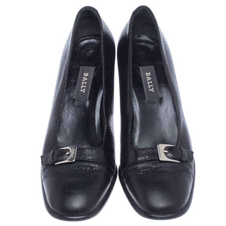 Pre Owned Bally Black Buckle Lizard Leather Block Heel Pumps Size 39