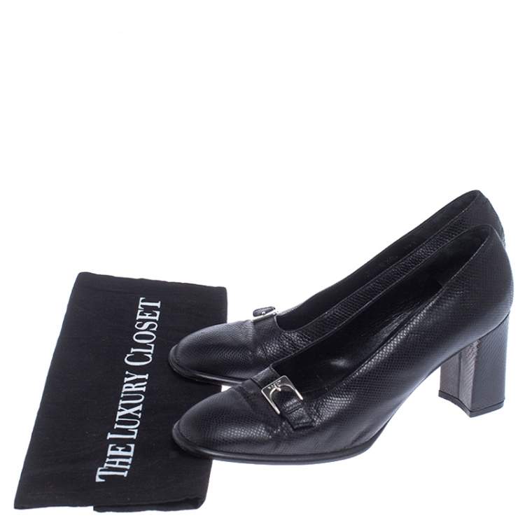Pre Owned Bally Black Buckle Lizard Leather Block Heel Pumps Size 39