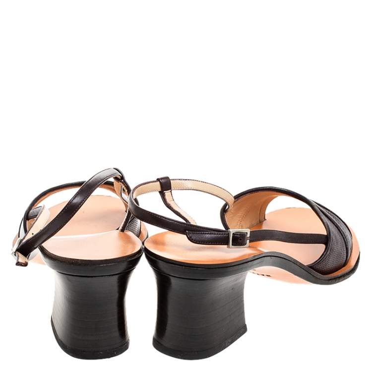 Pre Owned Bally Brown Embossed Leather Slingback Block Heel Sandals Size 38