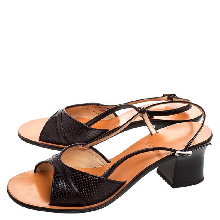Pre Owned Bally Brown Embossed Leather Slingback Block Heel Sandals Size 38
