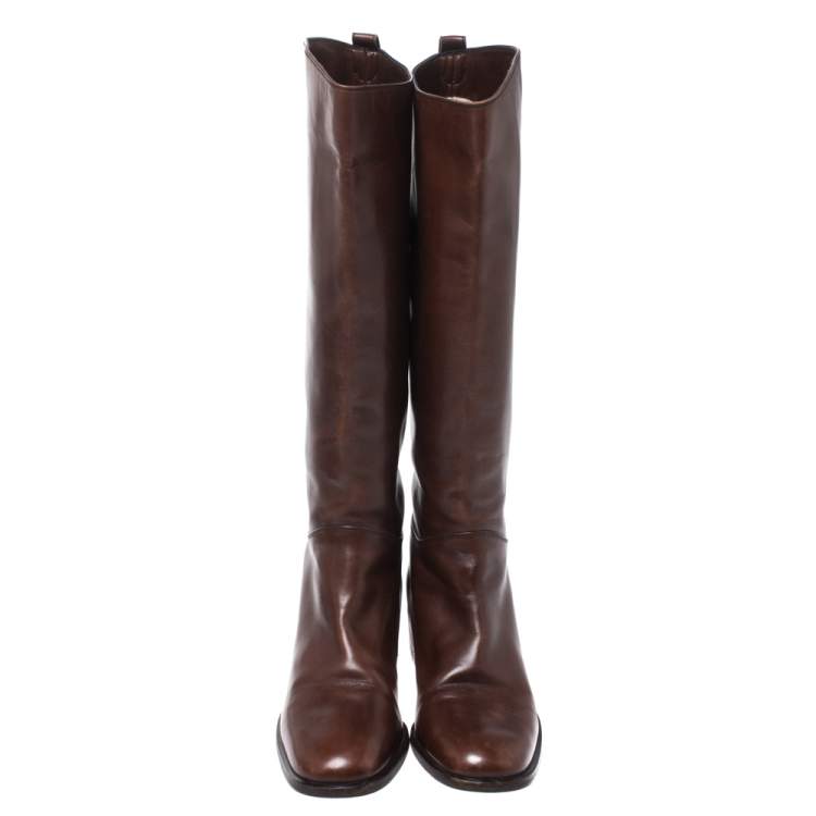 Pre Owned Bally Brown Leather Knee Length Boots Size 37.5