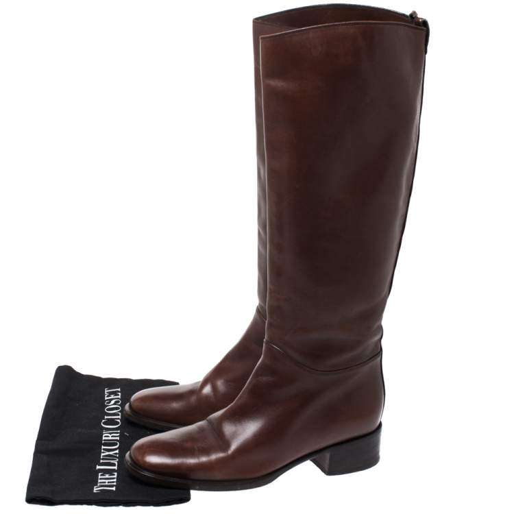 Pre Owned Bally Brown Leather Knee Length Boots Size 37.5