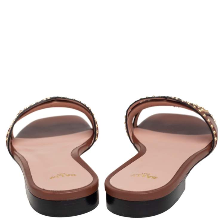 Pre Owned Bally Brown Leather Peoni  Studs Flat Sandals Size 38