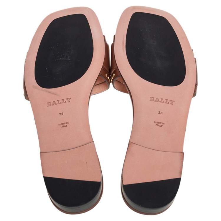 Pre Owned Bally Brown Leather Peoni  Studs Flat Sandals Size 38