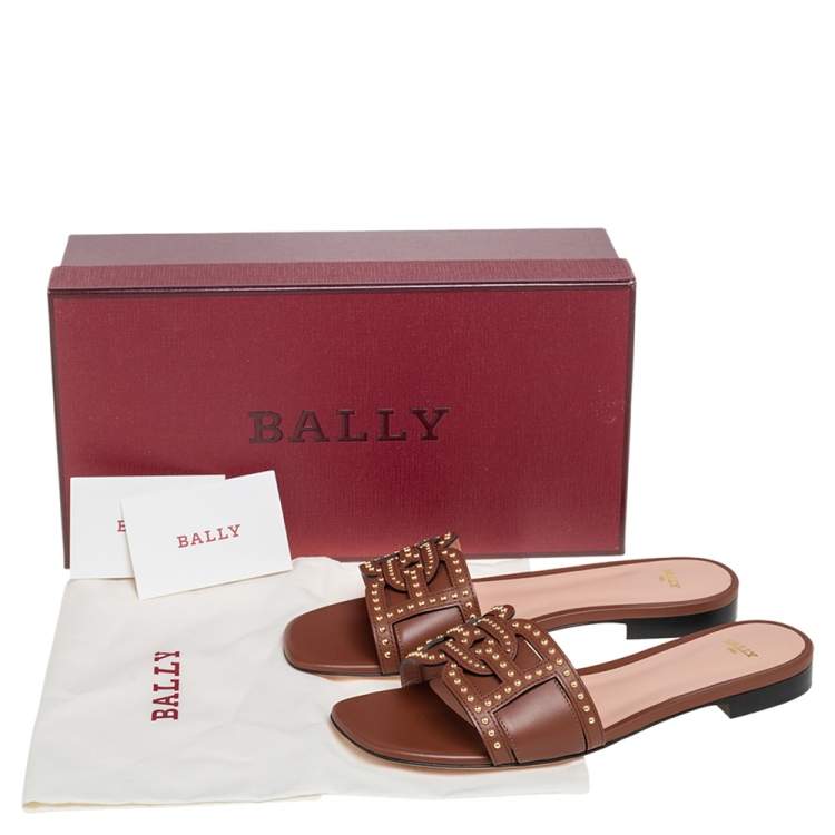 Pre Owned Bally Brown Leather Peoni  Studs Flat Sandals Size 38