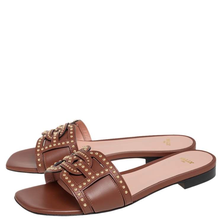 Pre Owned Bally Brown Leather Peoni  Studs Flat Sandals Size 38
