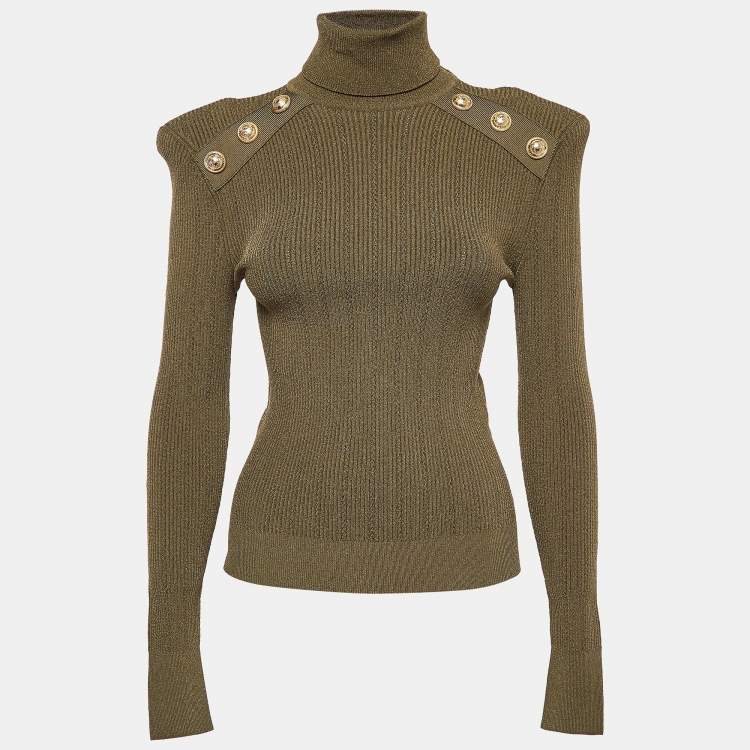 Pre Owned Balmain Olive Green Knit High Neck Button Detailed Sweater M