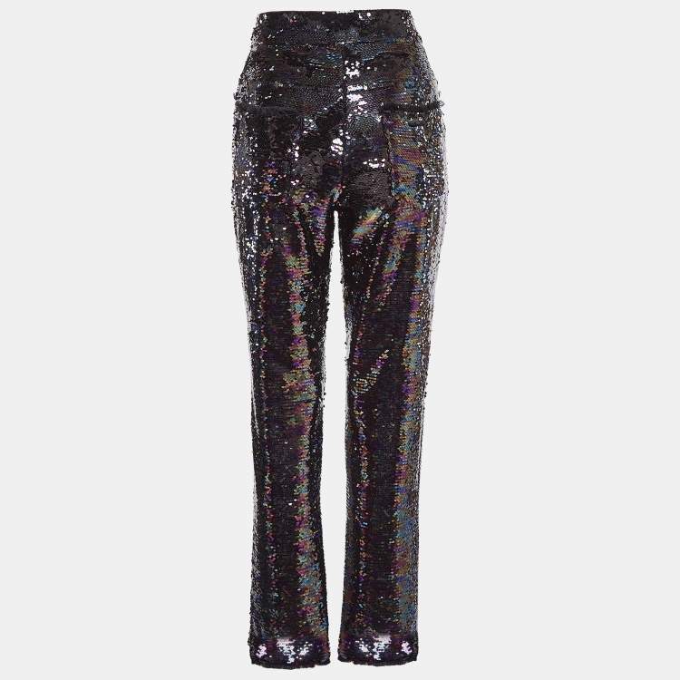 Pre Owned Balmain Purple Fringe Trim Sequin Pants L