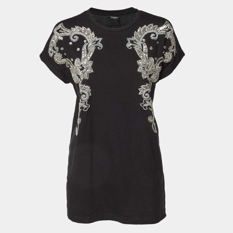 Pre Owned Balmain Black Embellished Cotton Knit Top S