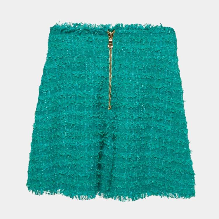 Pre Owned Balmain Green Tweed Button Detail High Rise Shorts S