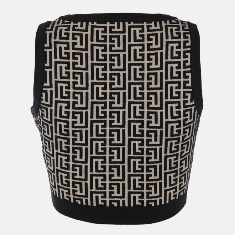 Pre Owned Balmain Black/Beige Wool jacquard Knit Crank Top S