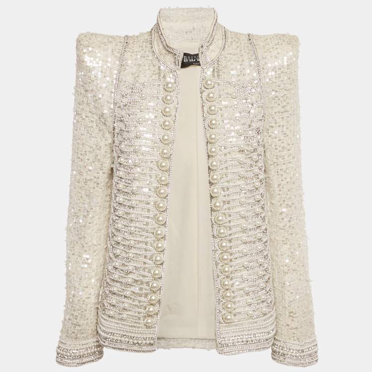 مملوكة مسبقًا Balmain Off White Tweed Embellished Open Front Jacket M