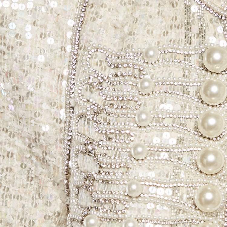 مملوكة مسبقًا Balmain Off White Tweed Embellished Open Front Jacket M