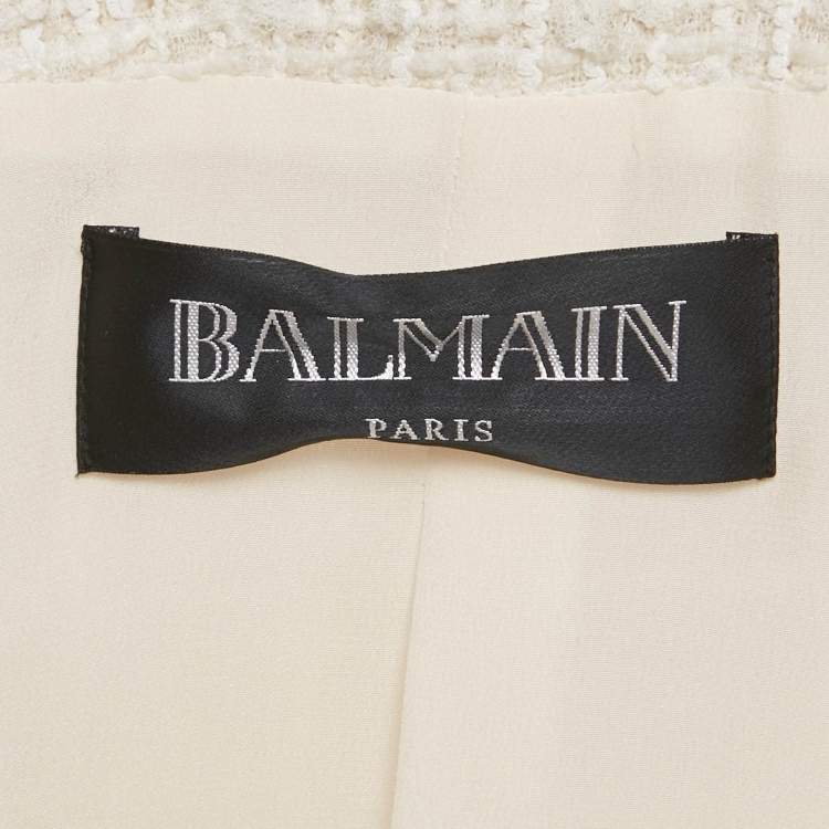 مملوكة مسبقًا Balmain Off White Tweed Embellished Open Front Jacket M