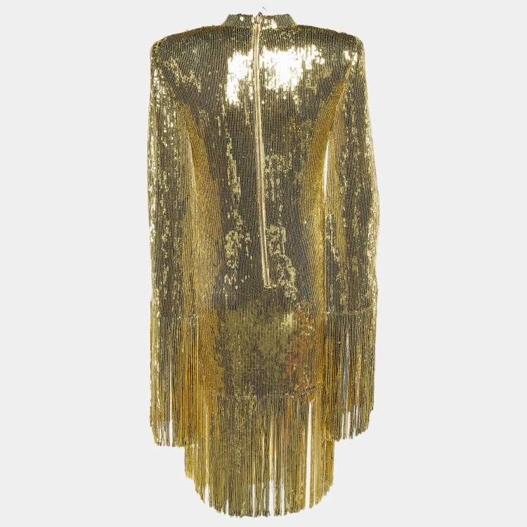 Pre Owned Balmain Gold Sequin Fringed Midi Dress M