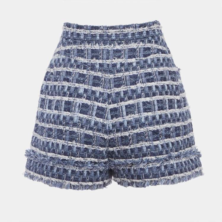 Pre Owned Balmain Blue Tweed High Rise Shorts L