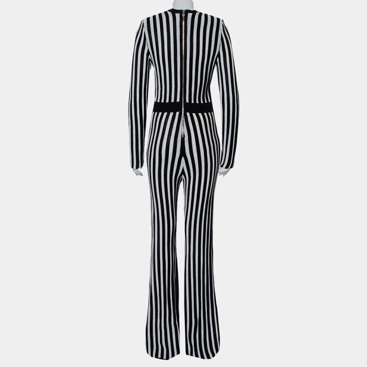 Pre Owned Balmain Monochrome Striped Knit Faux Wrap Jumpsuit M