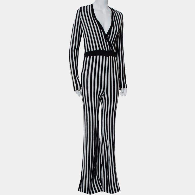 Pre Owned Balmain Monochrome Striped Knit Faux Wrap Jumpsuit M