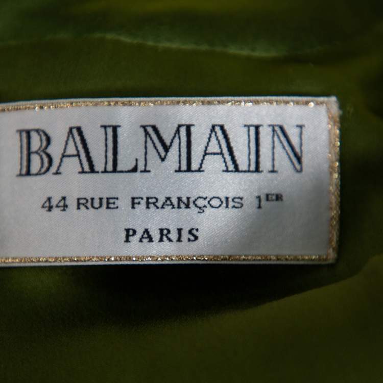 Pre Owned Balmain Green Silk Satin Pleated Front Slit Detail Maxi Dress S