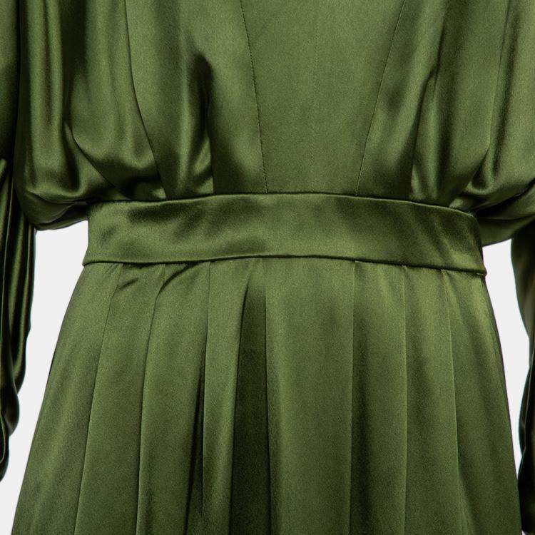 Pre Owned Balmain Green Silk Satin Pleated Front Slit Detail Maxi Dress S