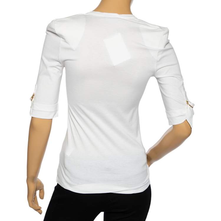 Pre Owned Balmain White Cotton Button Front V-Neck Half Sleeve T-Shirt S