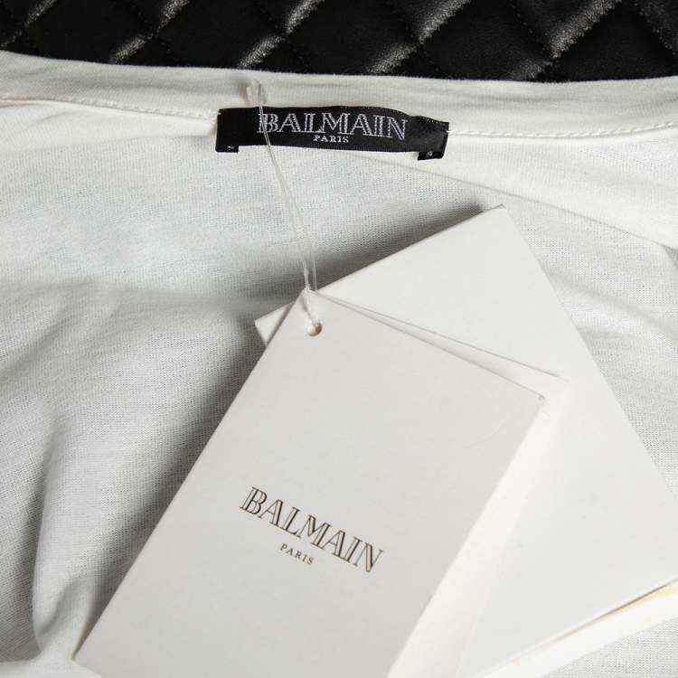 Pre Owned Balmain White Cotton Button Front V-Neck Half Sleeve T-Shirt S