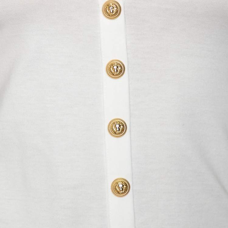 Pre Owned Balmain White Cotton Button Front V-Neck Half Sleeve T-Shirt S