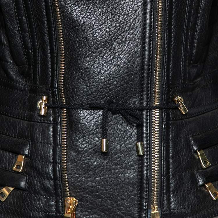 Pre Owned Balmain Black Leather Zip Front Biker Jacket M