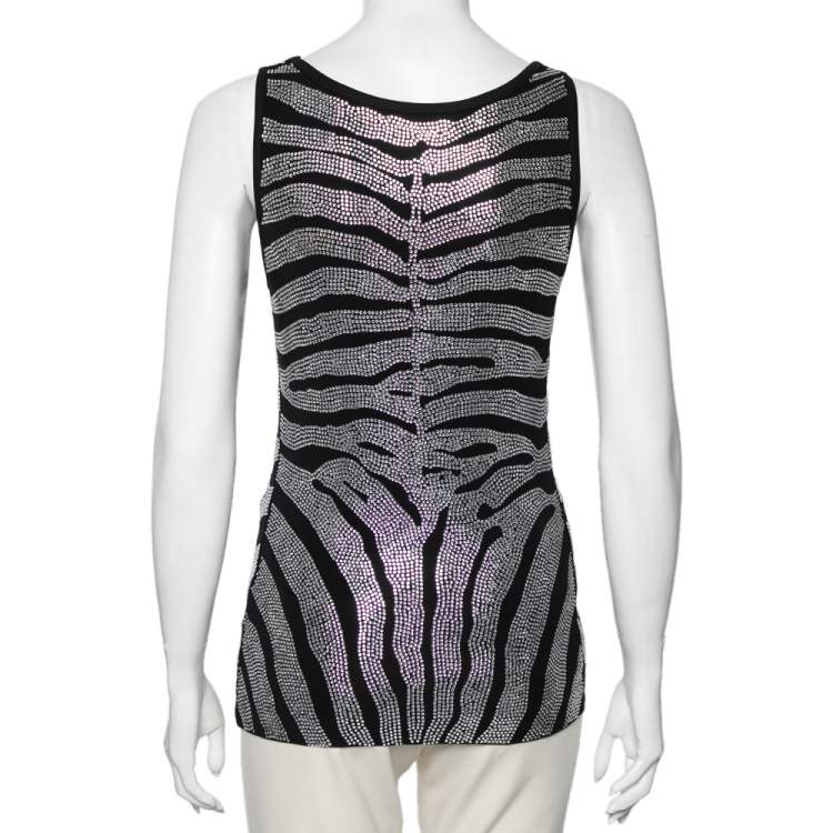 Pre Owned Balmain Black Rhinestone Zebra Pattern Embellished Jersey Top S 