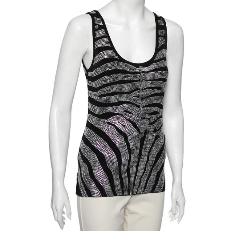 Pre Owned Balmain Black Rhinestone Zebra Pattern Embellished Jersey Top S 