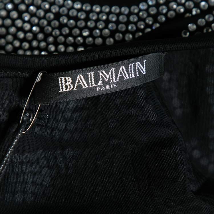 Pre Owned Balmain Black Rhinestone Zebra Pattern Embellished Jersey Top S 